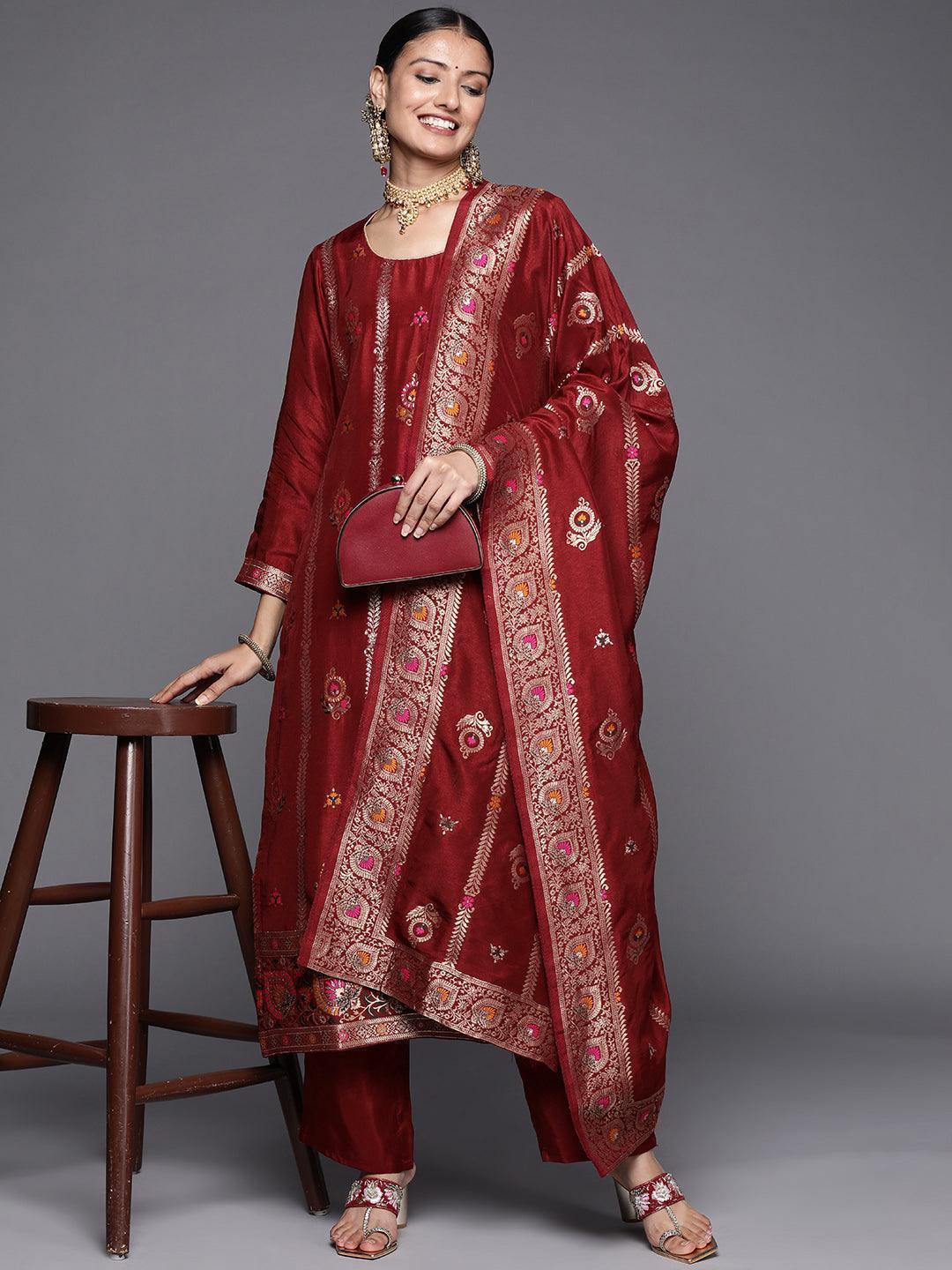 Maroon Self Design Silk Blend Straight Suit Set