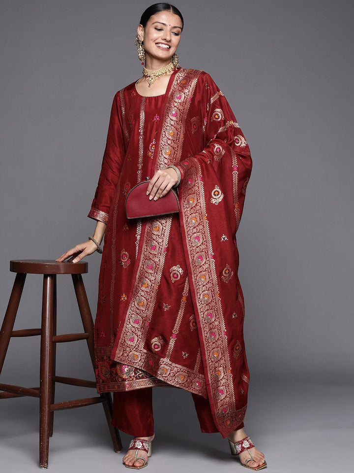 Maroon Self Design Silk Blend Straight Suit Set - ShopLibas