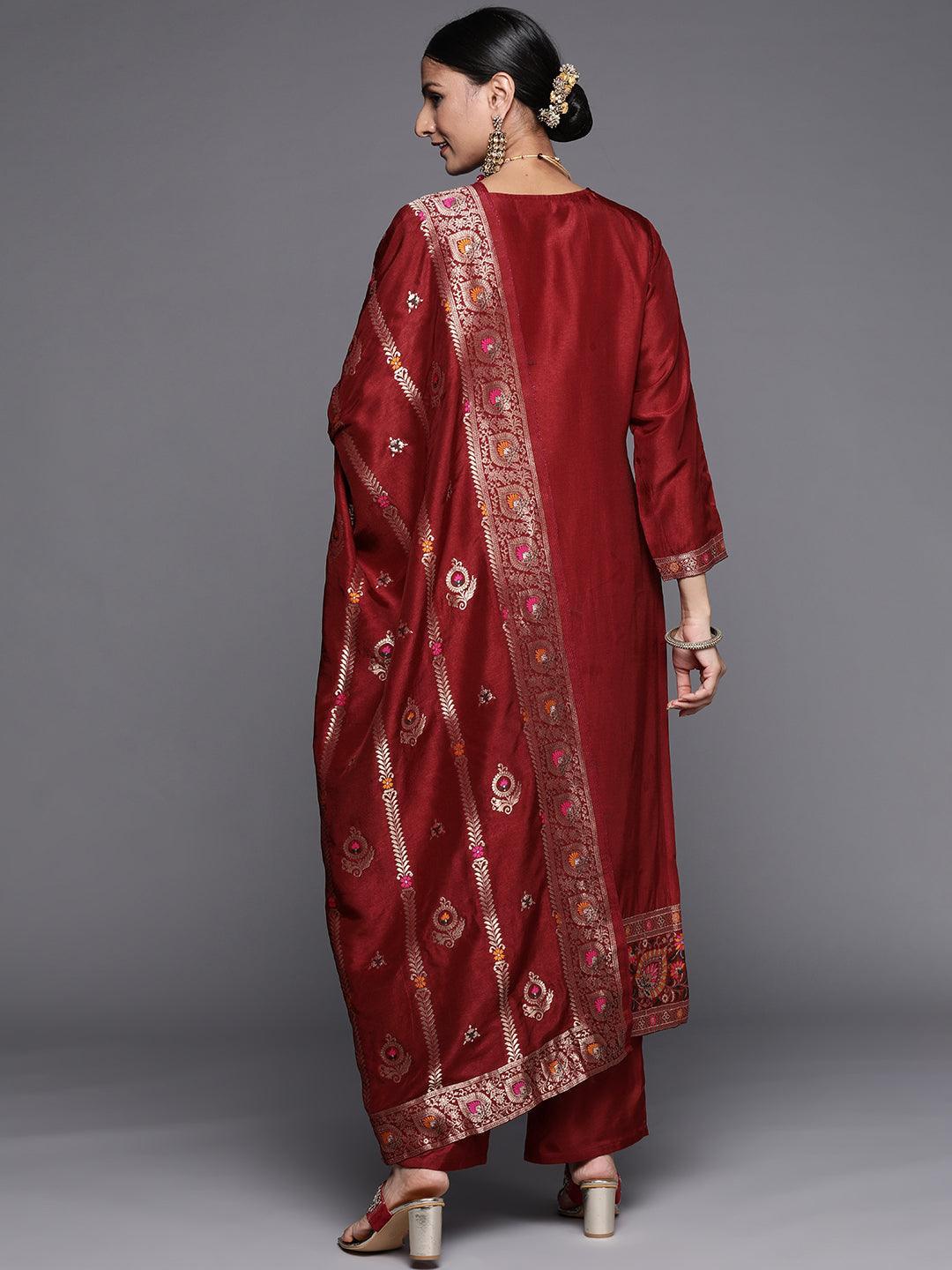 Maroon Self Design Silk Blend Straight Suit Set