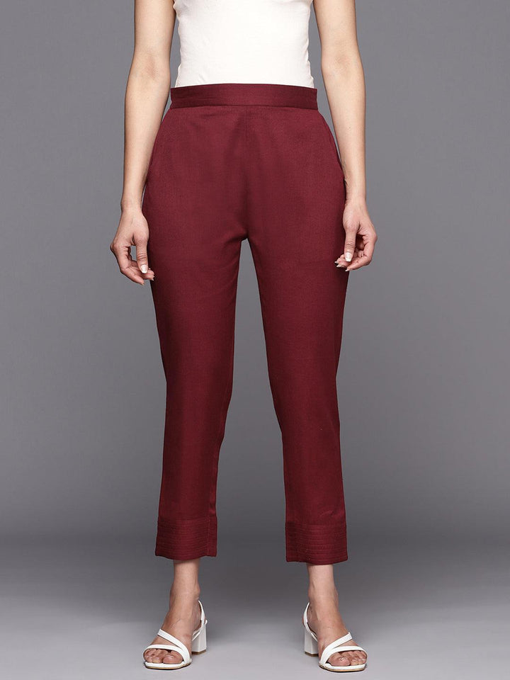 Maroon Solid Cotton Trousers - ShopLibas