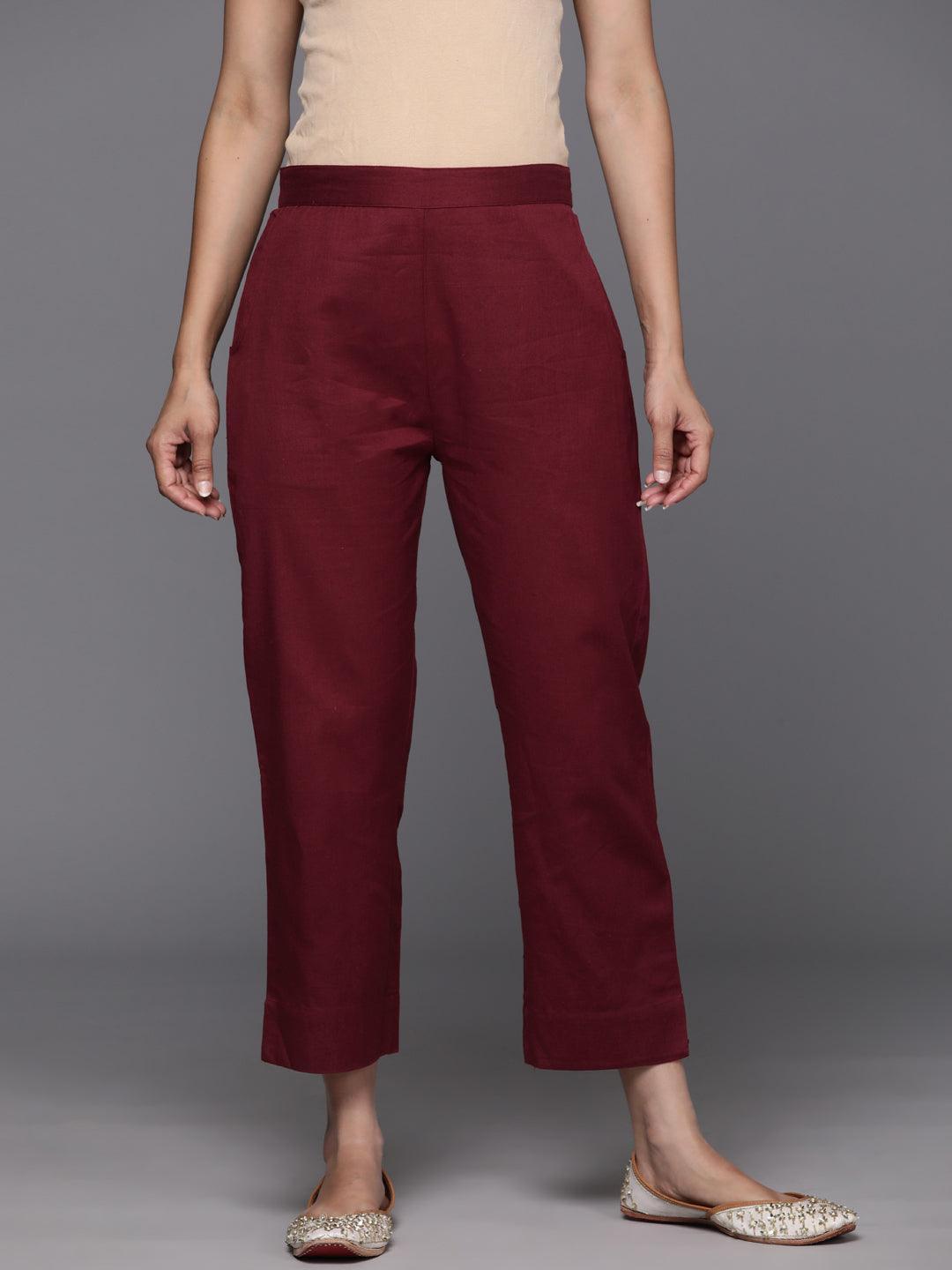 Maroon Solid Cotton Trousers