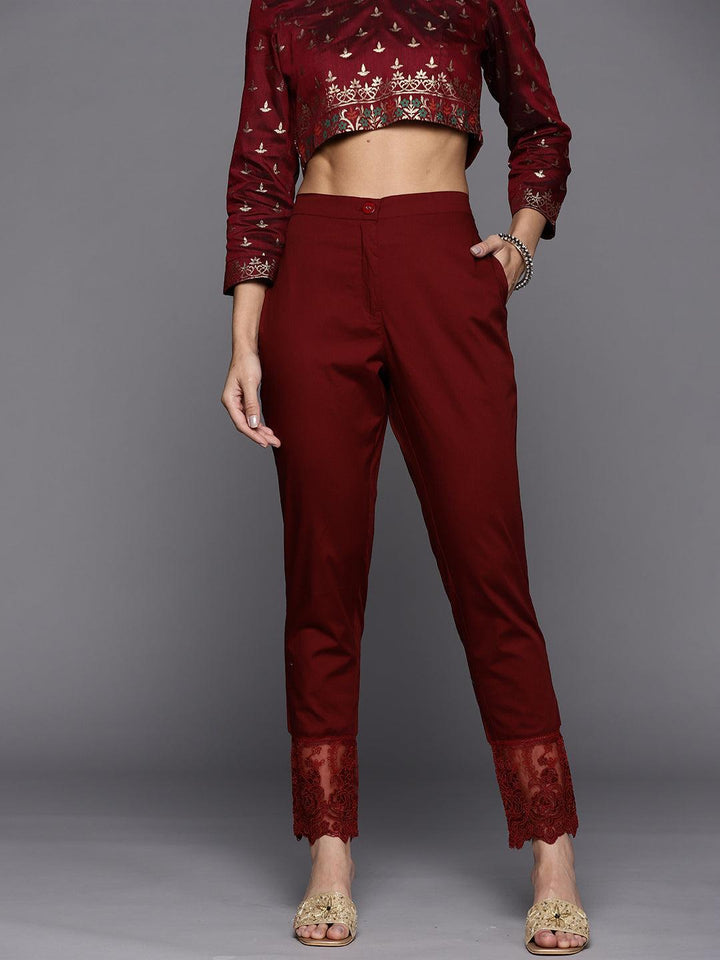 Maroon Solid Cotton Trousers - ShopLibas