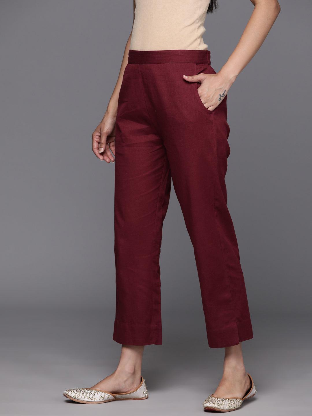 Maroon Solid Cotton Trousers