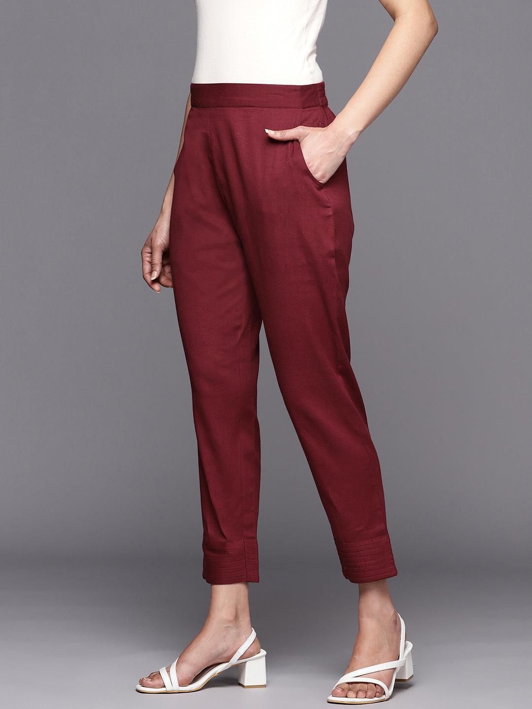 Maroon Solid Cotton Trousers - ShopLibas