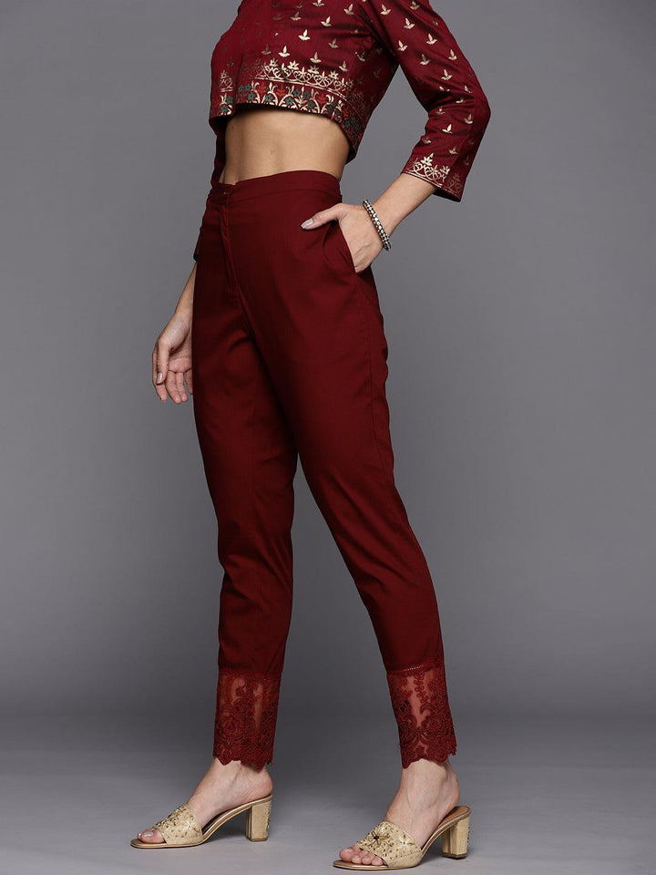 Maroon Solid Cotton Trousers - ShopLibas