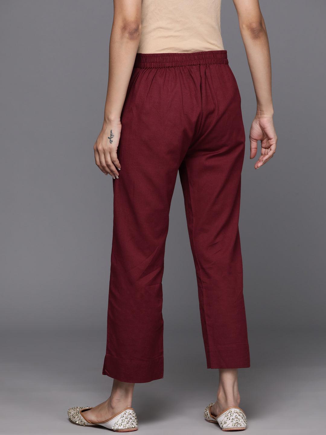 Maroon Solid Cotton Trousers