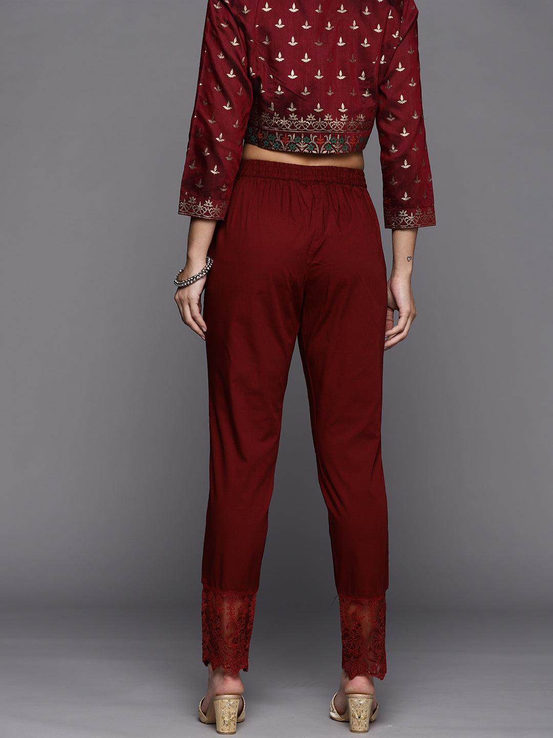 Maroon Solid Cotton Trousers - ShopLibas