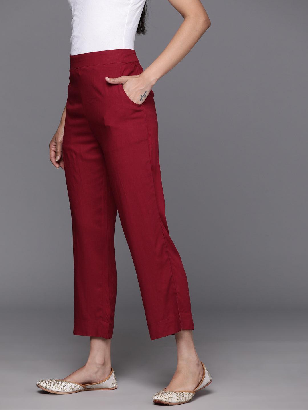 Maroon Solid Rayon Trousers