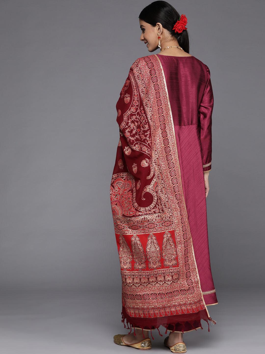 Maroon Solid Silk Blend Anarkali Kurta With Palazzos & Dupatta