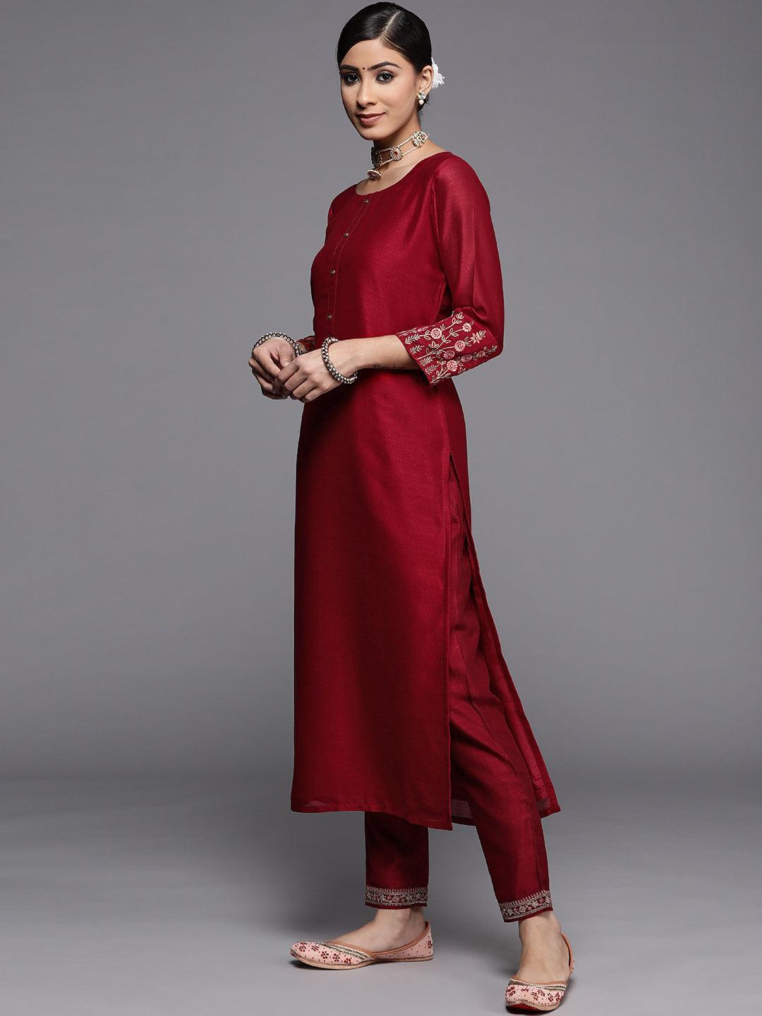 Maroon Solid Silk Kurta - ShopLibas