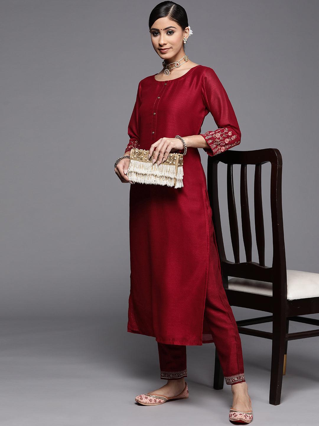 Maroon Solid Silk Kurta - ShopLibas