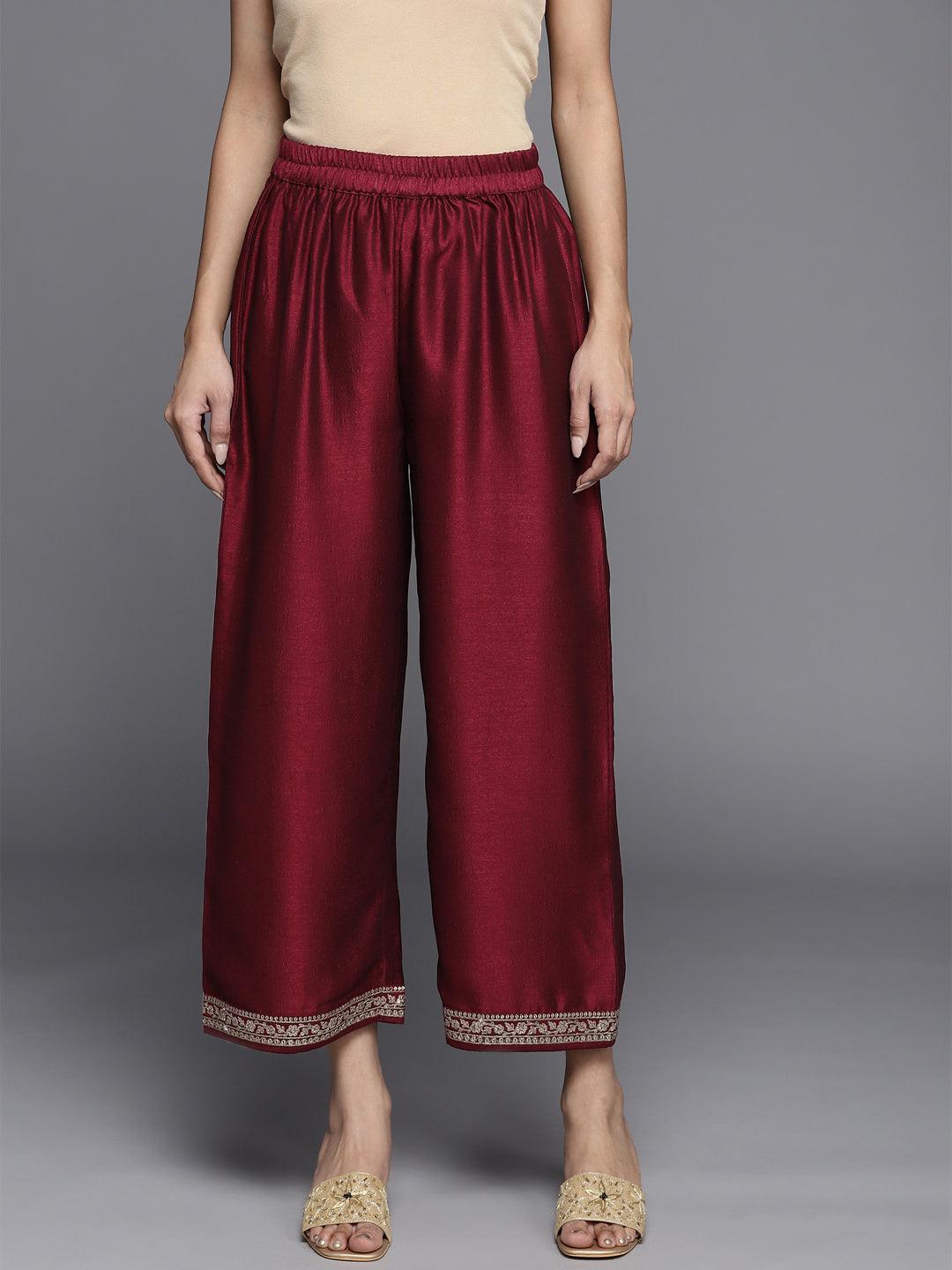 Maroon Solid Silk Palazzos - ShopLibas