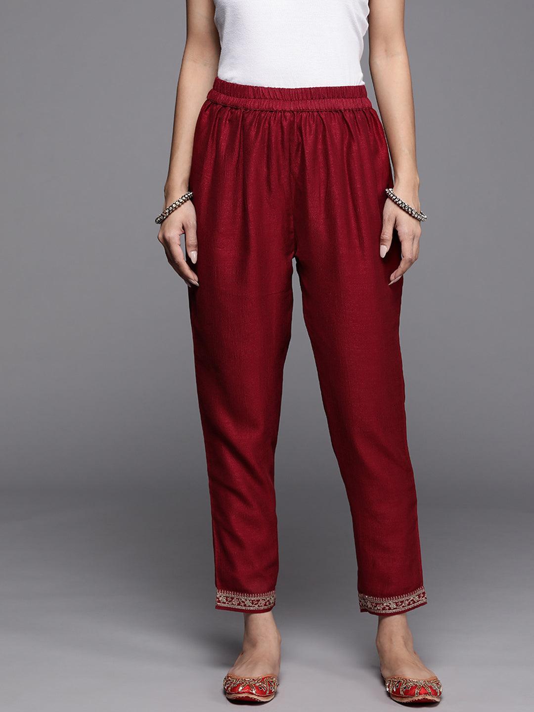 Maroon Solid Silk Trousers - ShopLibas