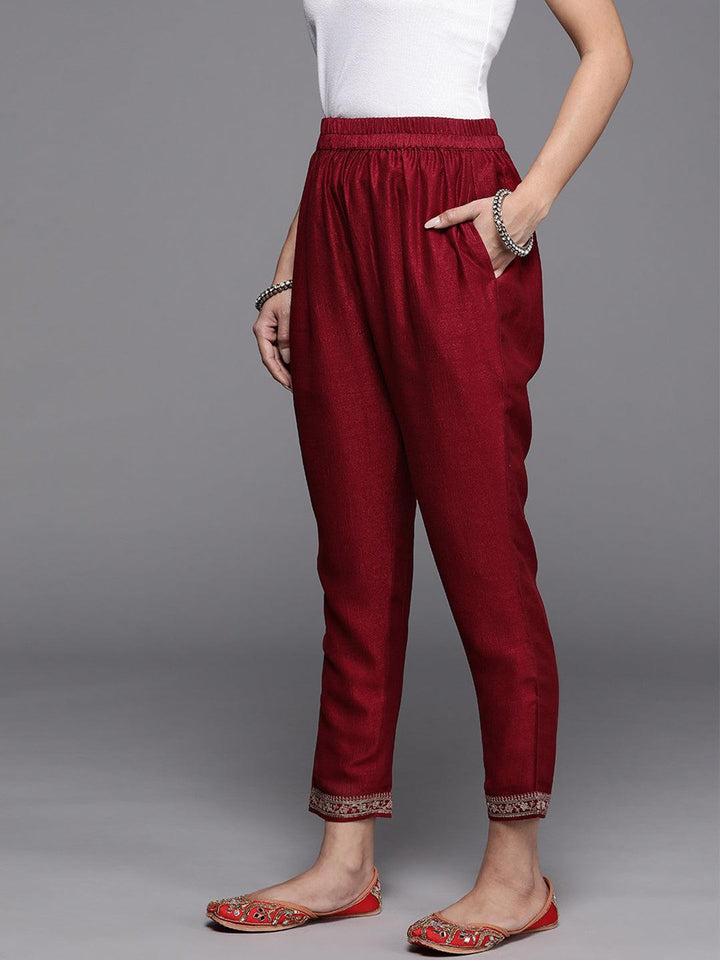 Maroon Solid Silk Trousers - ShopLibas