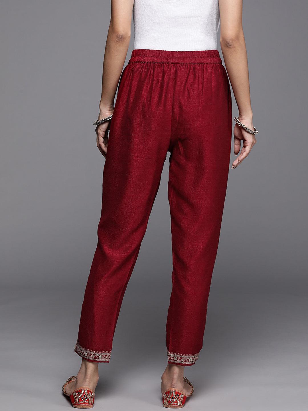 Maroon Solid Silk Trousers - ShopLibas