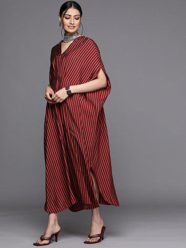 Maroon Striped Silk Dress - ShopLibas