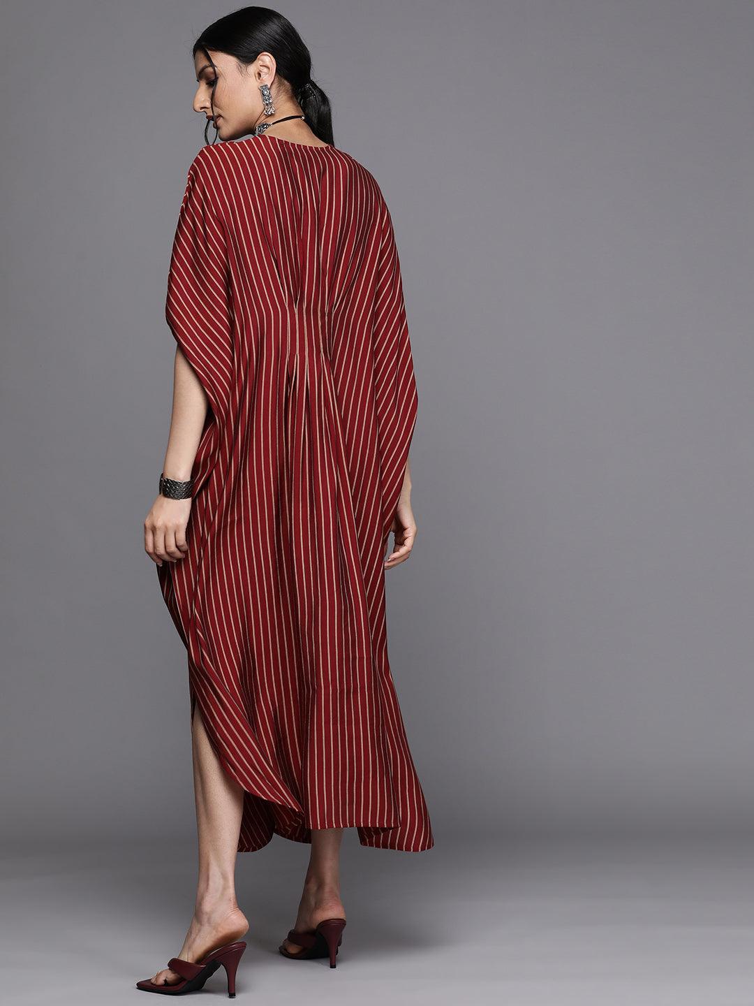 Maroon Striped Silk Dress - ShopLibas