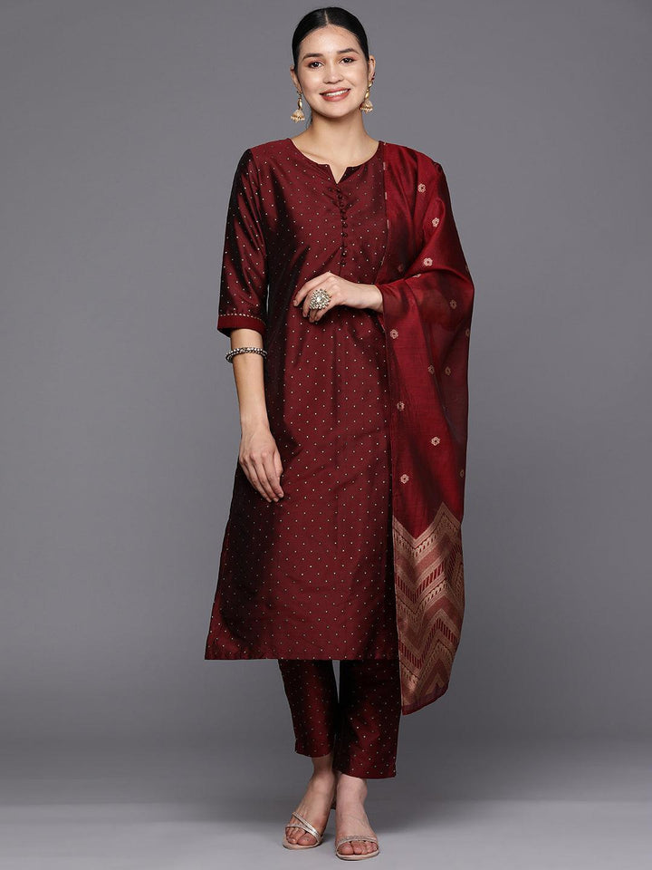 Maroon Woven Design Art Silk Straight Suit Set With Trousers - ShopLibas