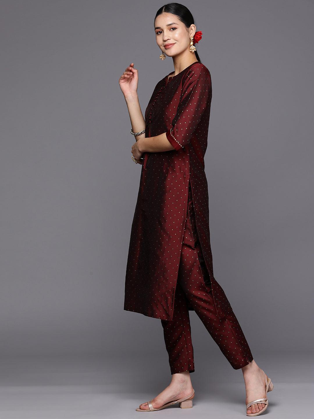 Maroon Woven Design Art Silk Straight Suit Set With Trousers - ShopLibas