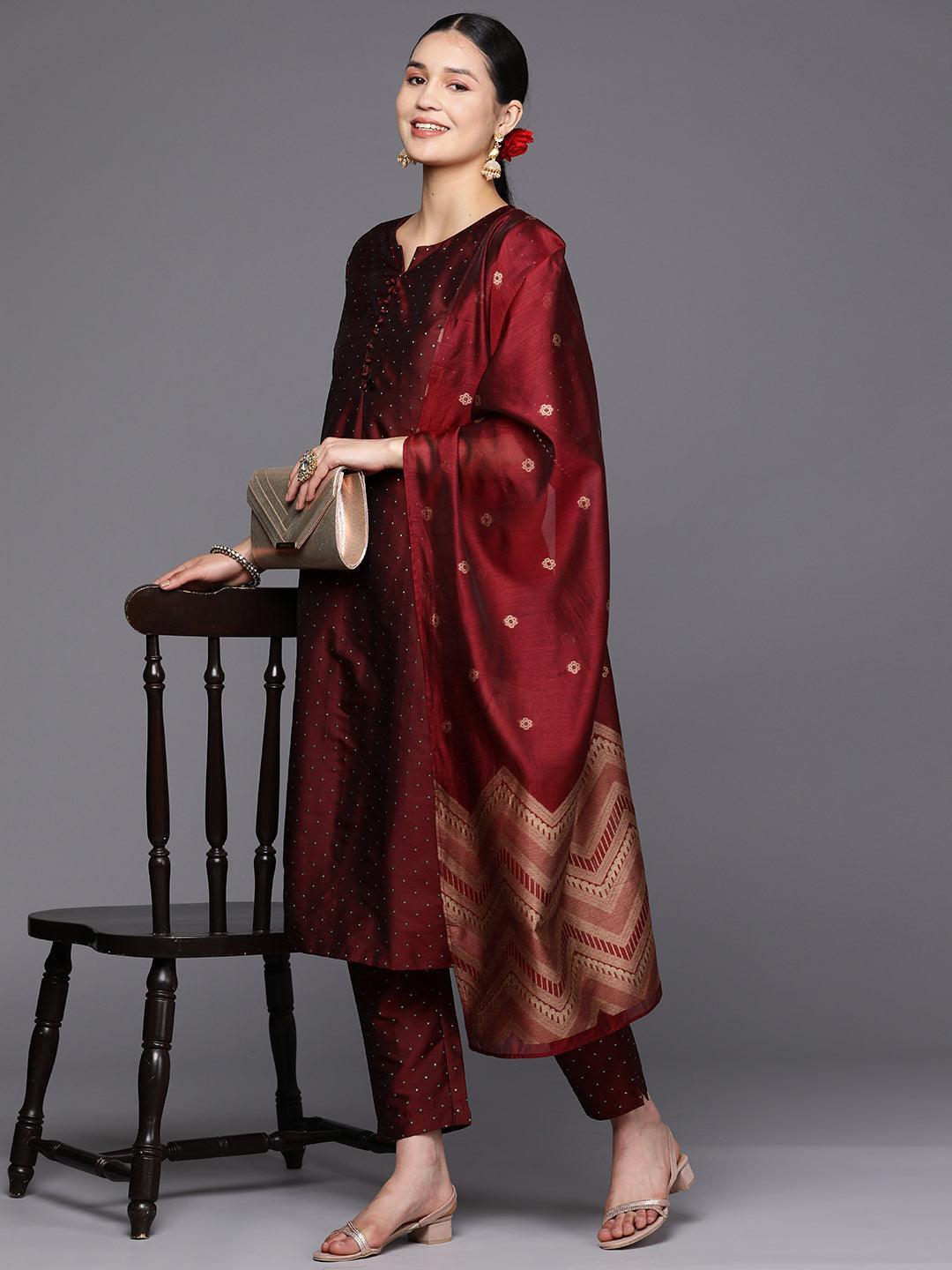 Maroon Woven Design Art Silk Straight Suit Set With Trousers - ShopLibas