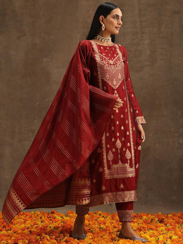 Maroon Woven Design Silk Blend Straight Suit Set With Trousers - ShopLibas