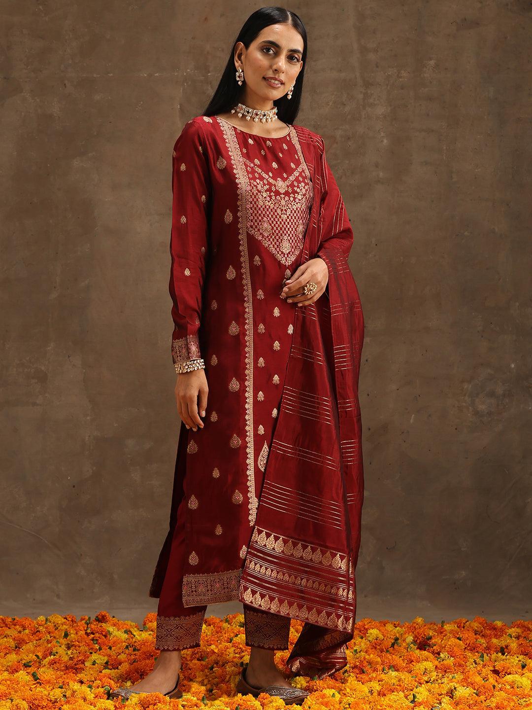 Maroon Woven Design Silk Blend Straight Suit Set With Trousers - ShopLibas