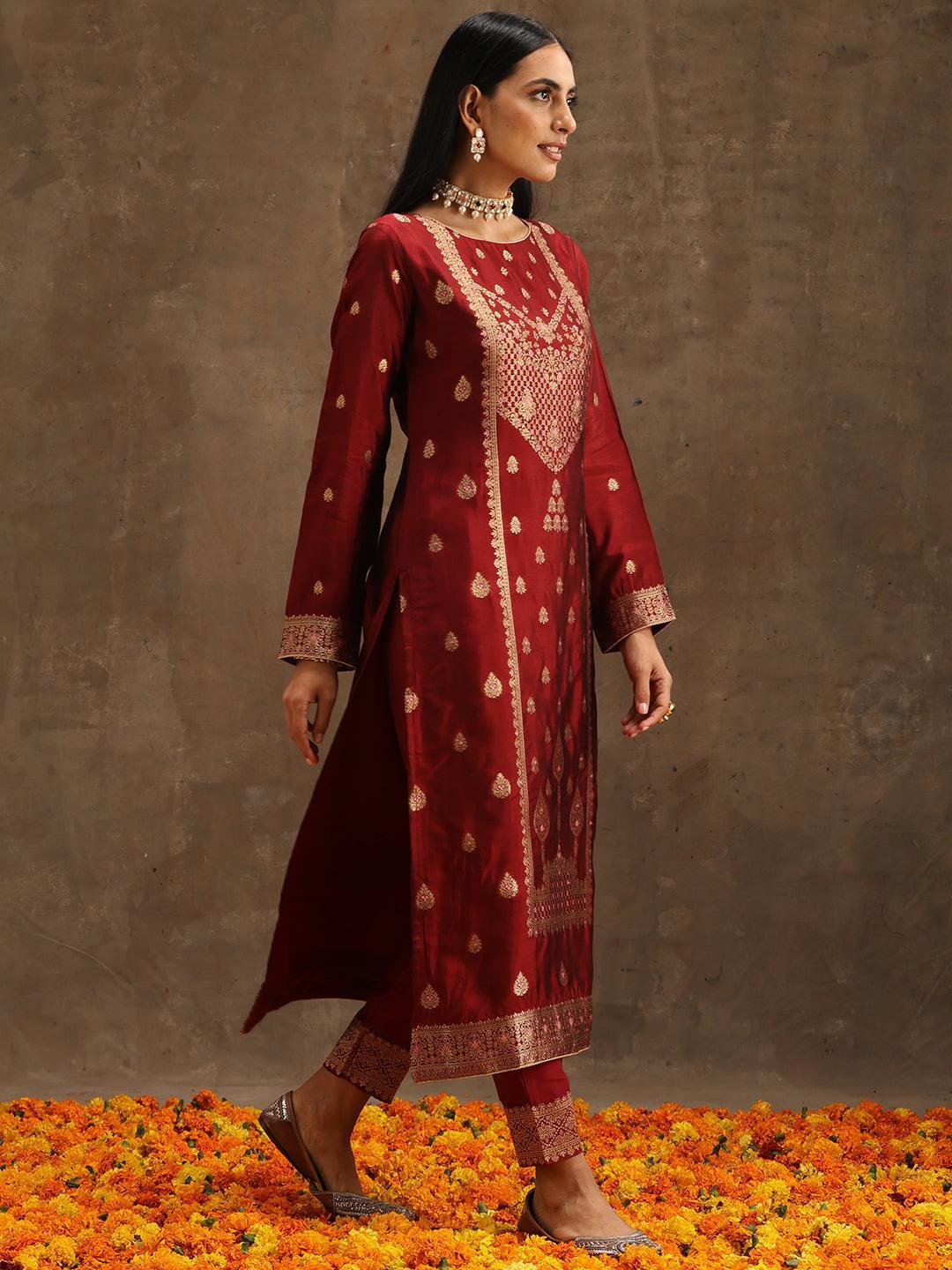 Maroon Woven Design Silk Blend Straight Suit Set With Trousers - ShopLibas