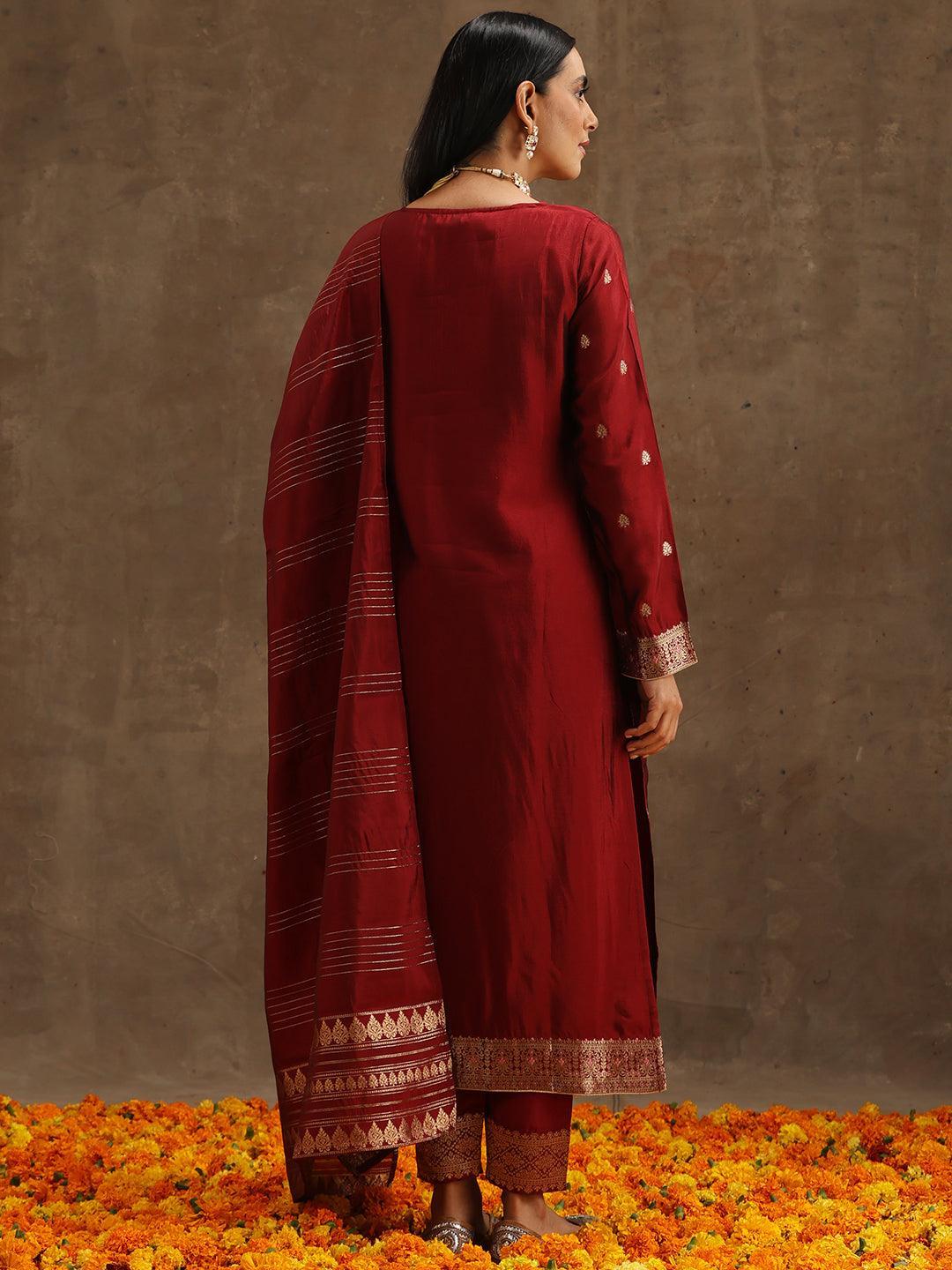 Maroon Woven Design Silk Blend Straight Suit Set With Trousers - ShopLibas