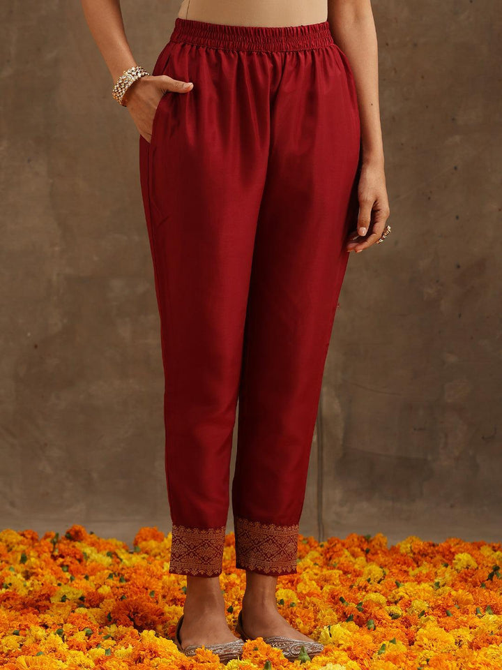 Maroon Woven Design Silk Blend Straight Suit Set With Trousers - ShopLibas