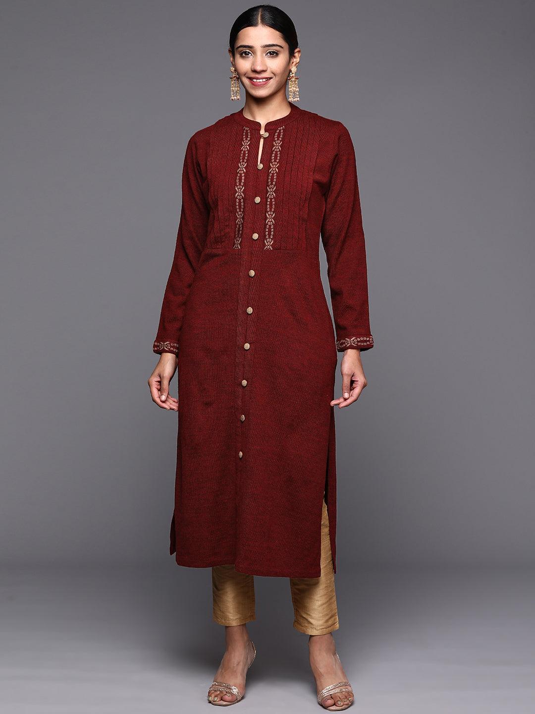 Maroon Woven Design Wool Straight Kurta