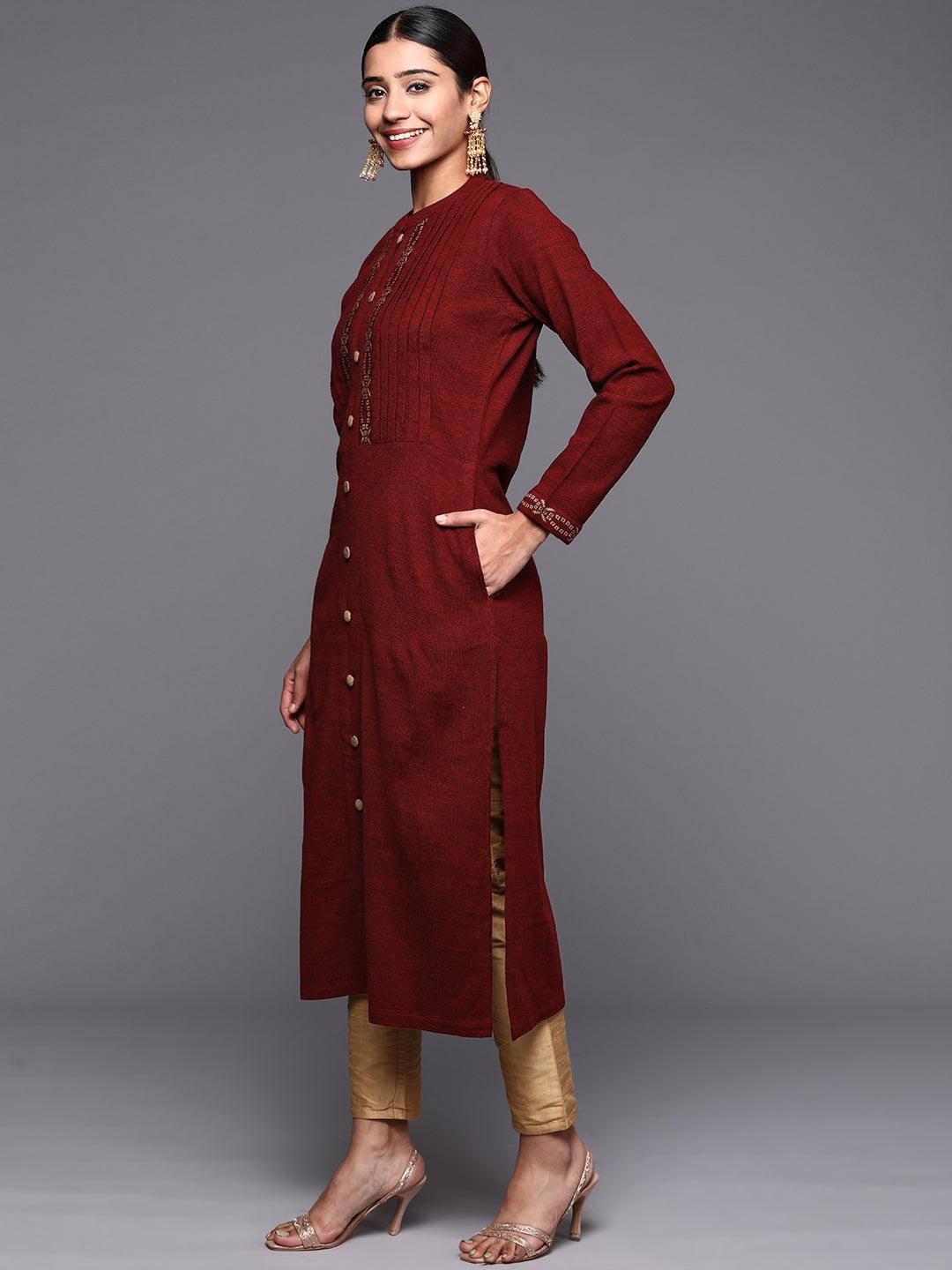 Maroon Woven Design Wool Straight Kurta