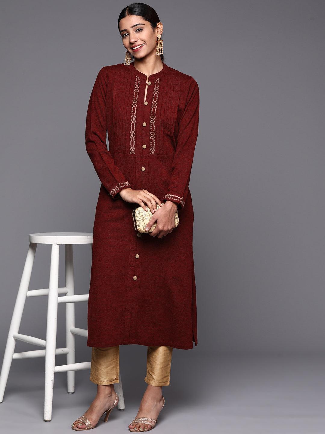 Maroon Woven Design Wool Straight Kurta