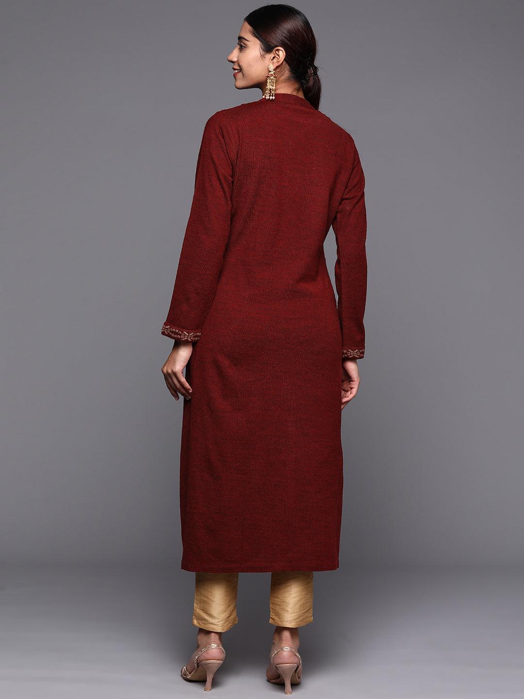 Maroon Woven Design Wool Straight Kurta