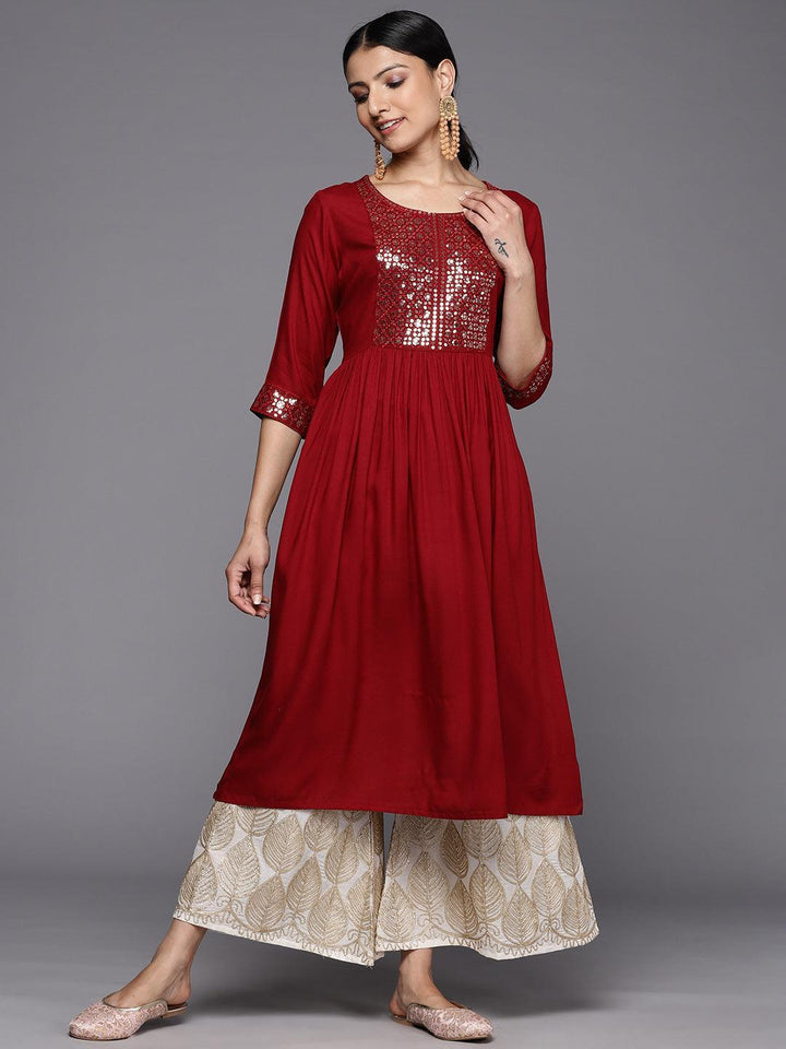 Maroon Yoke Design Rayon A-Line Kurta - Libas