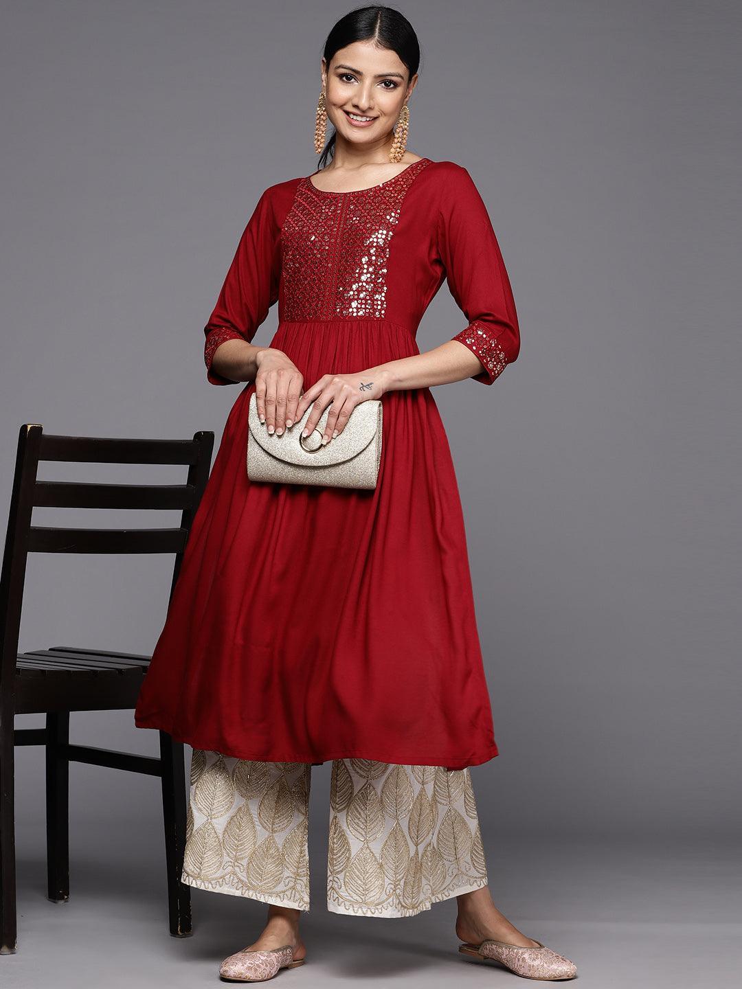 Maroon Yoke Design Rayon A-Line Kurta - Libas