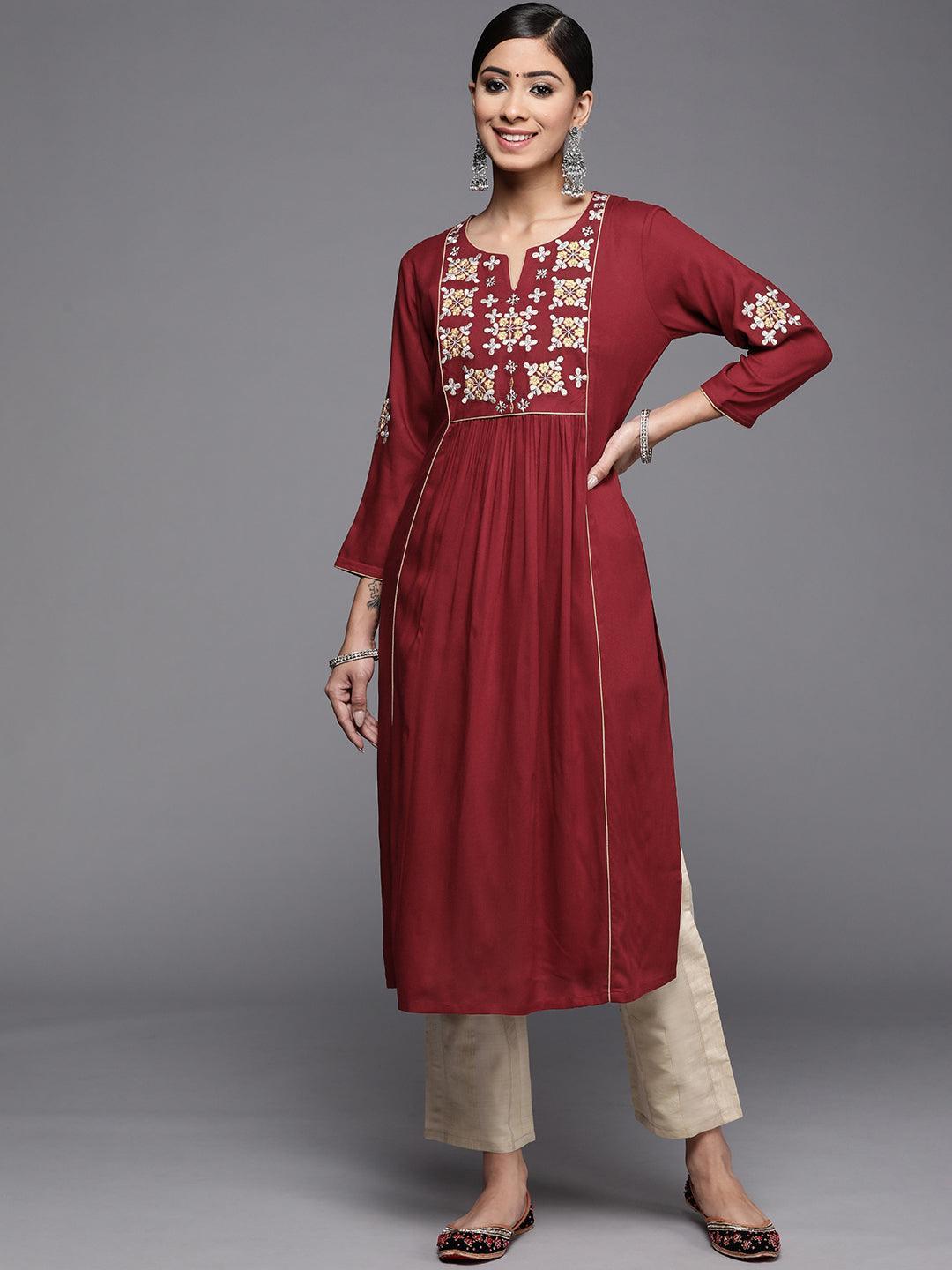 Maroon Yoke Design Rayon Kurta