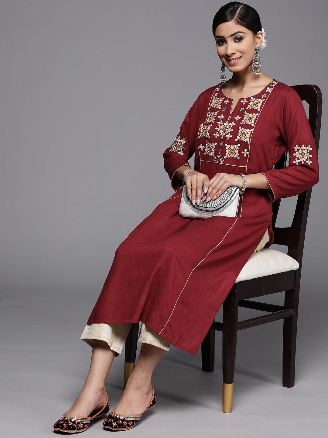 Maroon Yoke Design Rayon Kurta