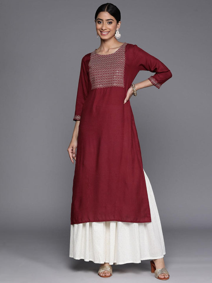 Maroon Yoke Design Rayon Straight Kurta - Libas