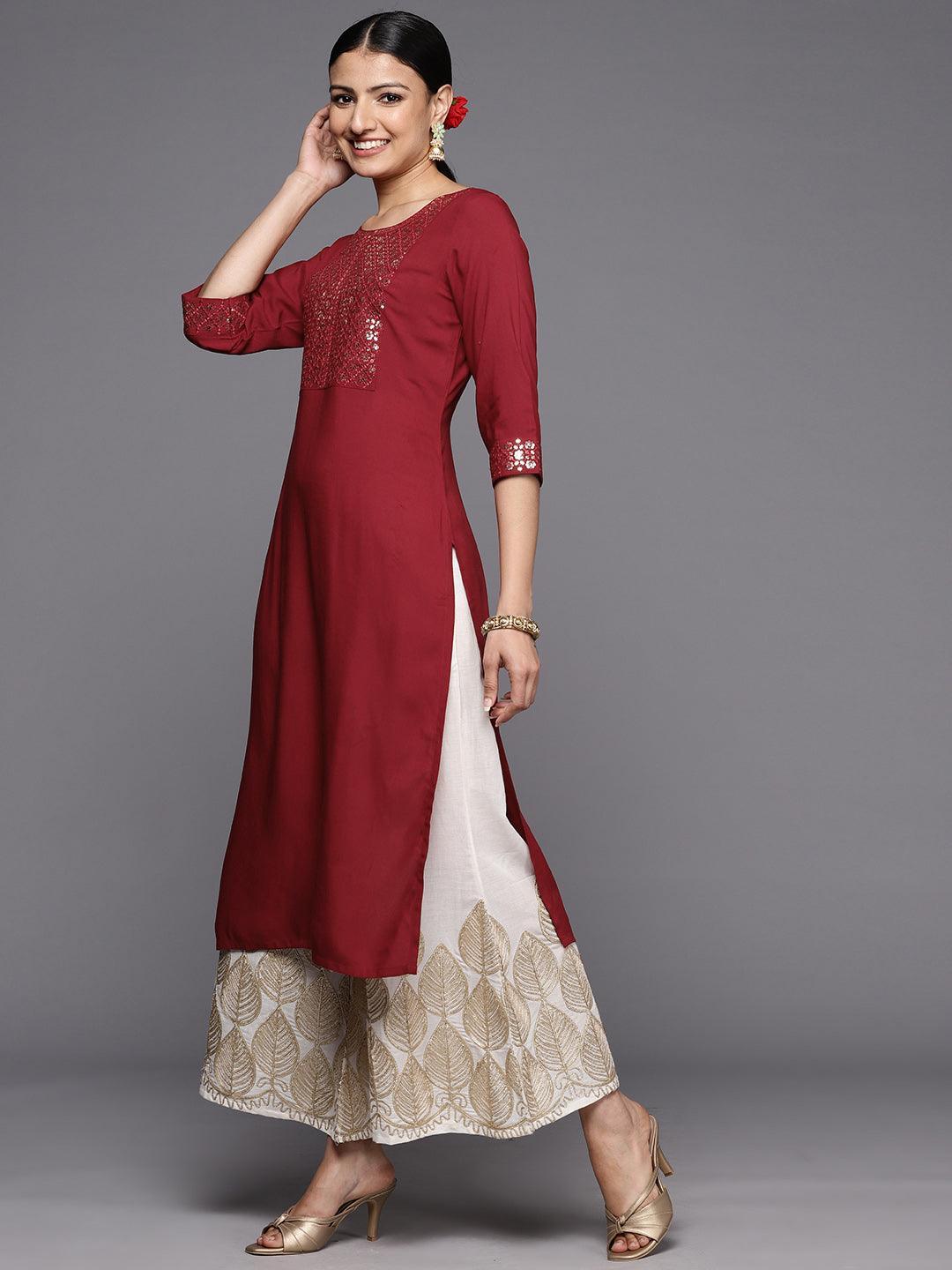 Maroon Printed Rayon Straight Kurta