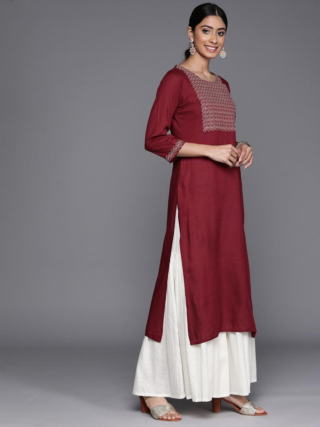 Maroon Yoke Design Rayon Straight Kurta - Libas