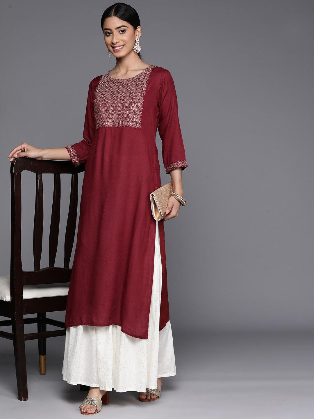 Maroon Yoke Design Rayon Straight Kurta