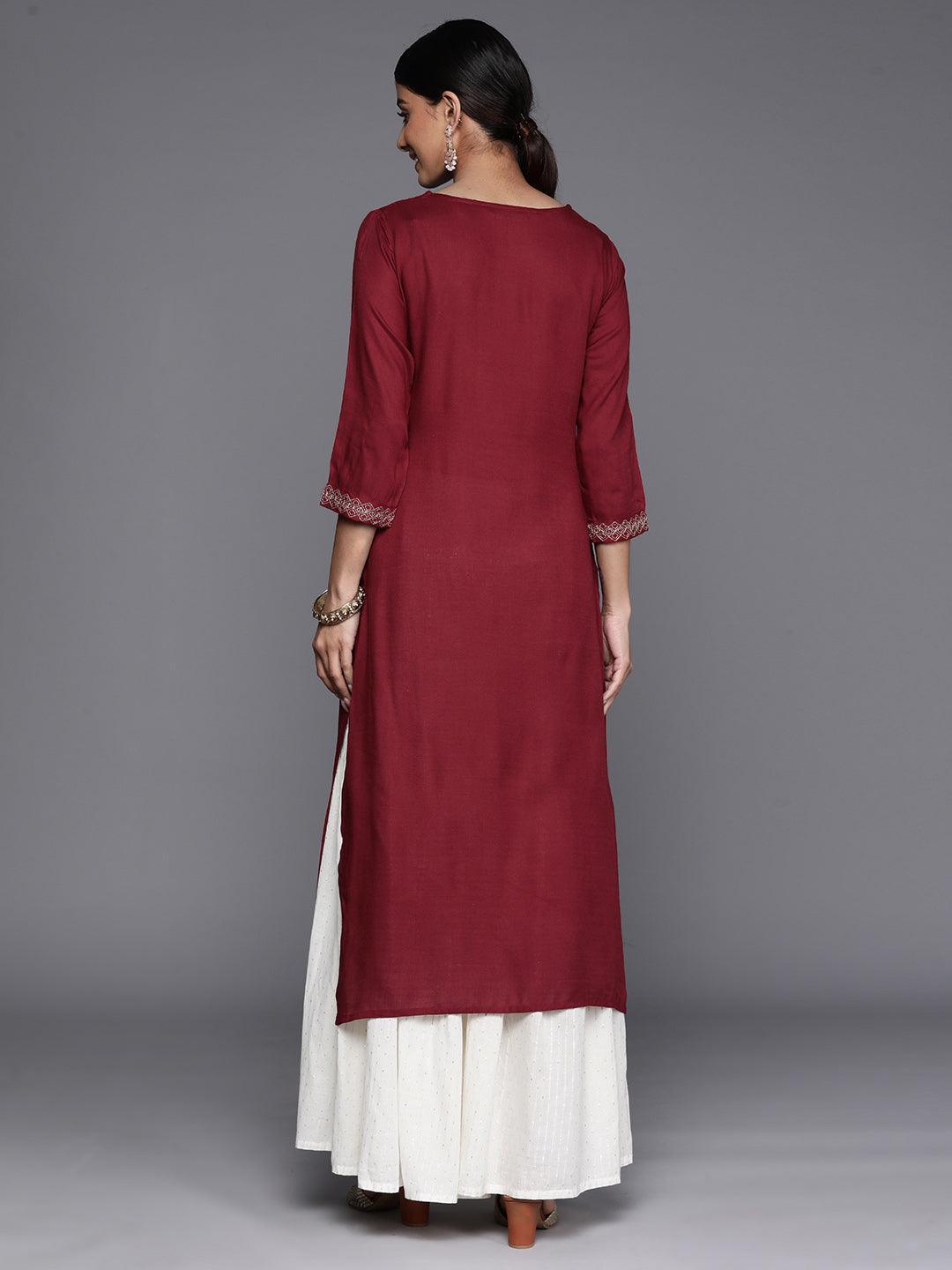 Maroon Yoke Design Rayon Straight Kurta - Libas