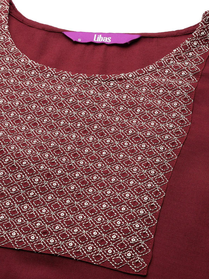 Maroon Yoke Design Rayon Straight Kurta - Libas