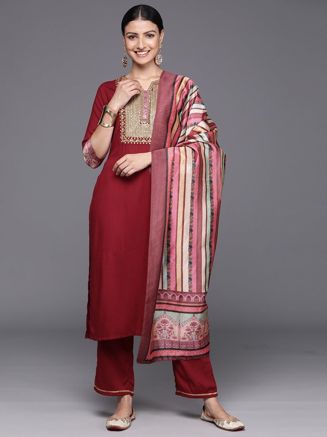 Maroon Yoke Design Rayon Straight Kurta With Trousers & Dupatta