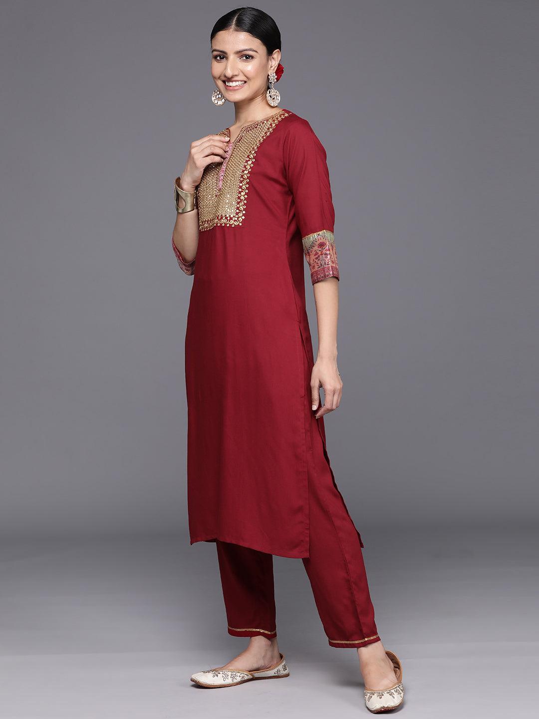 Maroon Yoke Design Rayon Straight Kurta With Trousers & Dupatta