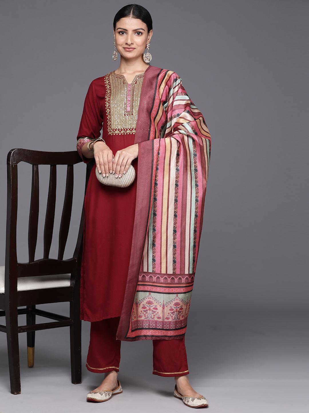 Maroon Yoke Design Rayon Straight Kurta With Trousers & Dupatta