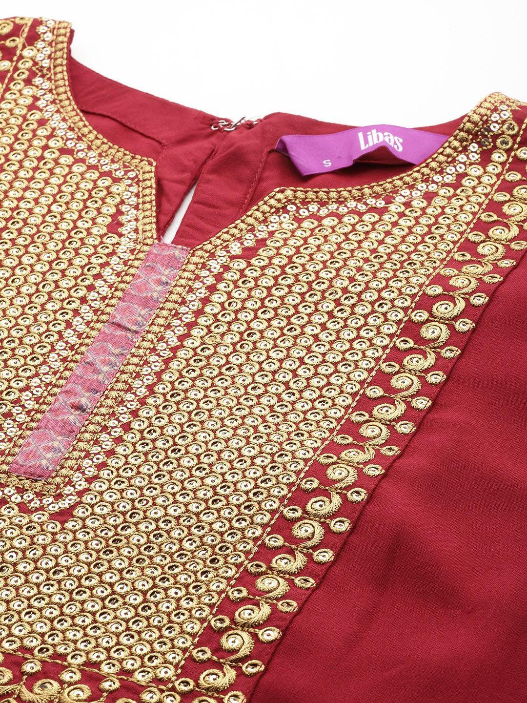 Maroon Yoke Design Rayon Straight Kurta With Trousers & Dupatta