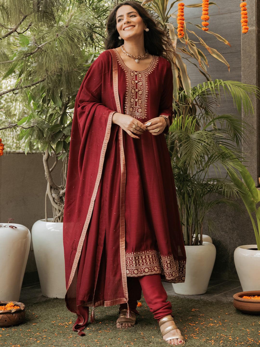 Maroon Yoke Design Silk Blend Anarkali Suit Set