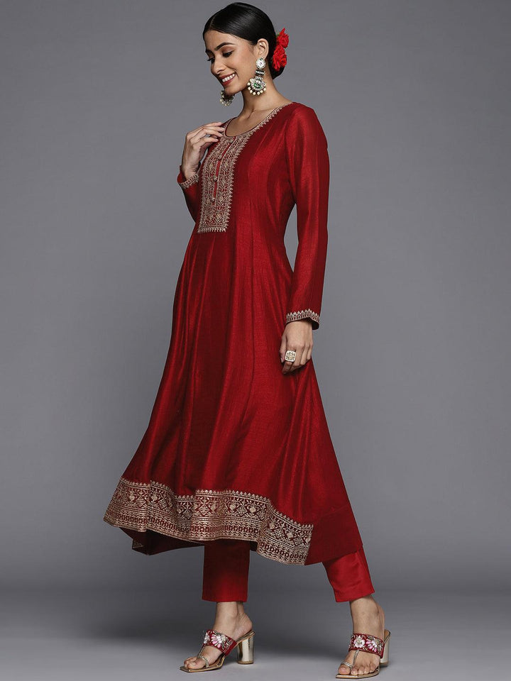 Maroon Yoke Design Silk Blend Anarkali Suit Set - ShopLibas