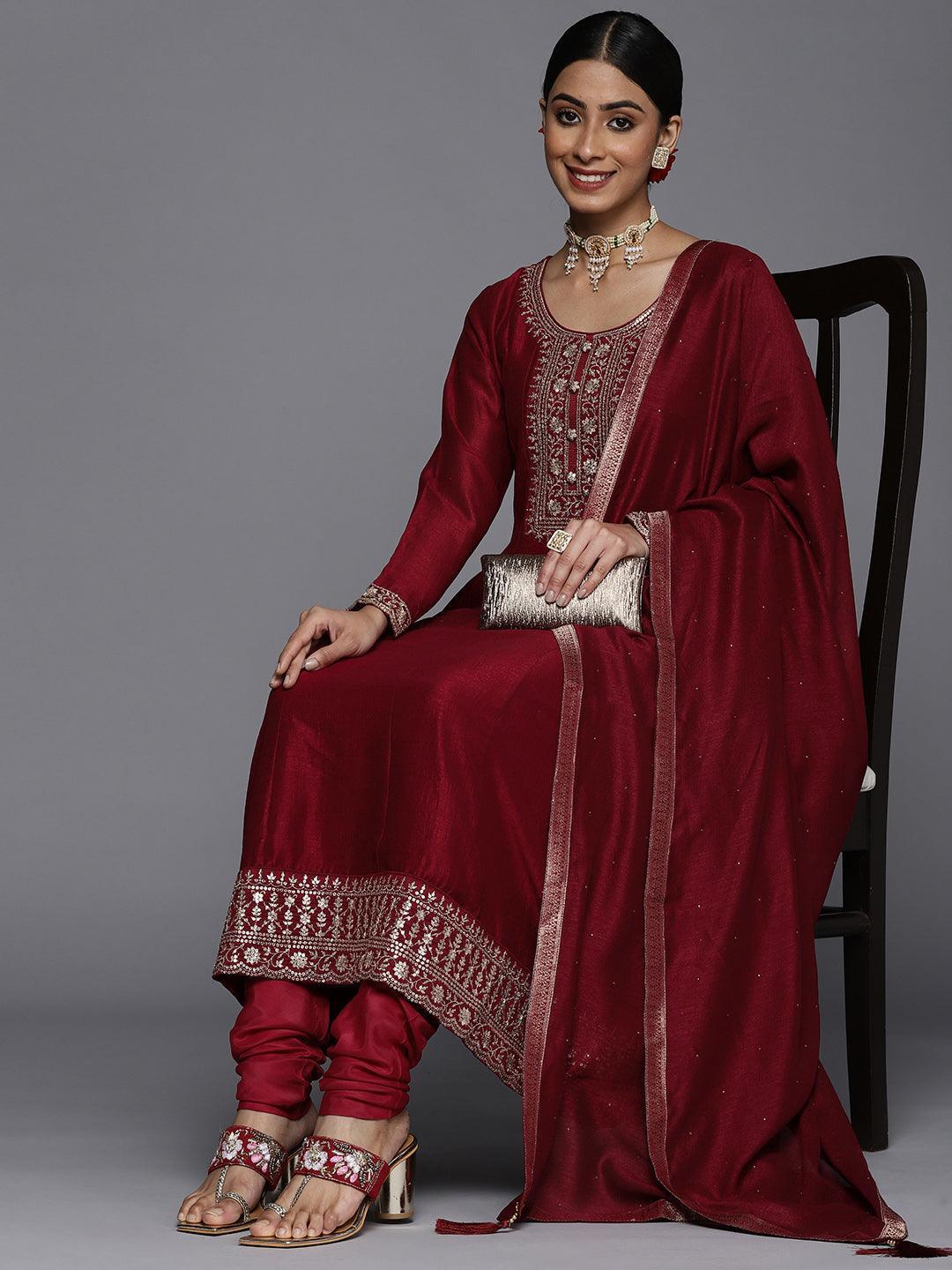 Maroon Yoke Design Silk Blend Anarkali Suit Set - ShopLibas